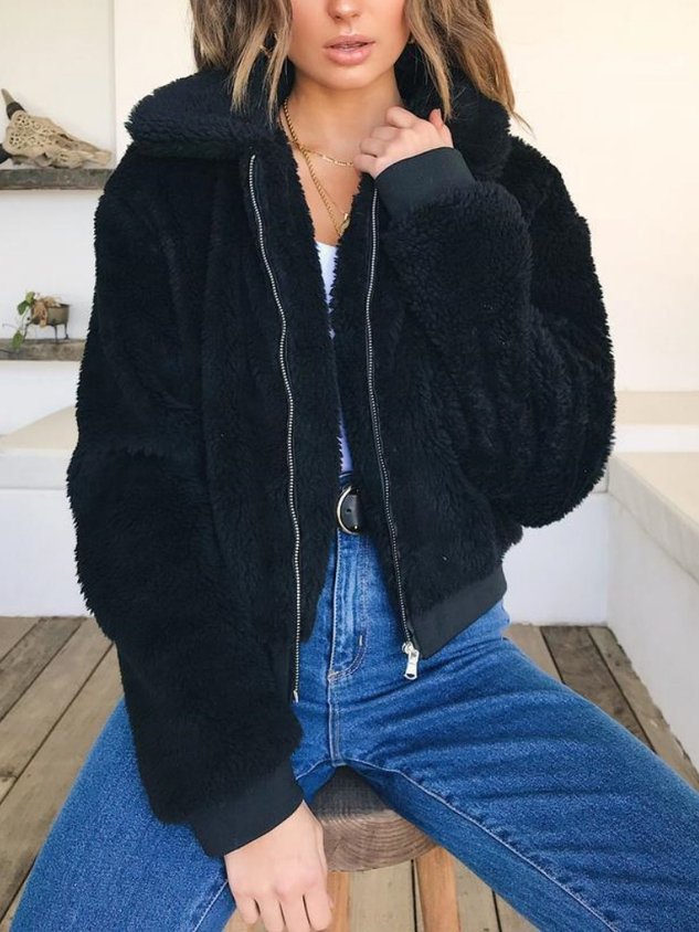 Women Spring/Fall Outerwear Casual Split Joint Plain Long Sleeve Shawl Collar Jacket