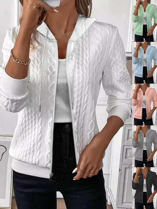 Women Spring/Fall Outerwear Vintage Jacquard Plain Long Sleeve Hoodie Jacket