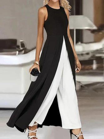 Women Sleeveless Crew Neck Regular Fit Ankle Pants Daily Casual Geometric Mid Waist Tank Jumpsuit
